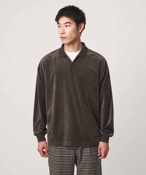 green label relaxing(グリーンレーベルリラクシング)の「ベロア スキッパー 長袖 ポロシャツ(ポロシャツ・メンズ・ダークブラウン/ダークグレー/オリーブ・S/L/M/XL)」の2枚目の写真