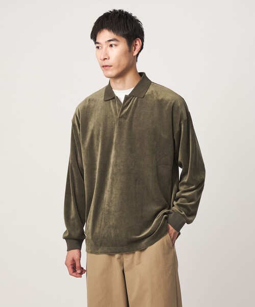 green label relaxing(グリーンレーベルリラクシング)の「ベロア スキッパー 長袖 ポロシャツ(ポロシャツ・メンズ・ダークブラウン/ダークグレー/オリーブ・S/L/M/XL)」の3枚目の写真