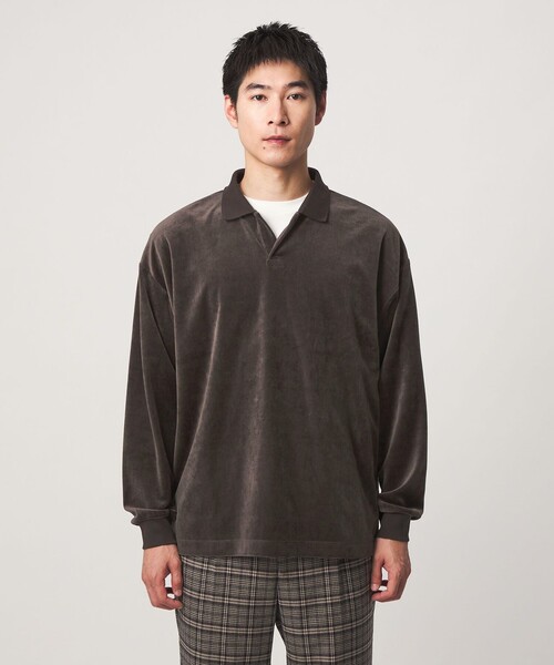 green label relaxing(グリーンレーベルリラクシング)の「ベロア スキッパー 長袖 ポロシャツ(ポロシャツ・メンズ・ダークブラウン/ダークグレー/オリーブ・S/L/M/XL)」の7枚目の写真