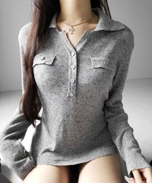 【 ２color 】スキッパーボタン長袖ロングニットトップス ／ skipper button long sleeve long sheer knit tops