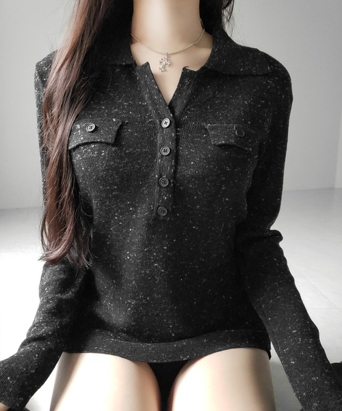 me+em select(ミームセレクト)の「【 2color 】スキッパーボタン長袖ロングニットトップス / skipper button long sleeve long sheer knit tops(ニット/セーター・レディース・グレー/ブラック・FREE)」の20枚目の写真
