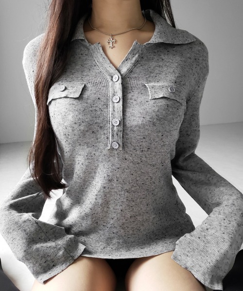 me+em select(ミームセレクト)の「【 2color 】スキッパーボタン長袖ロングニットトップス / skipper button long sleeve long sheer knit tops(ニット/セーター・レディース・グレー/ブラック・FREE)」の4枚目の写真