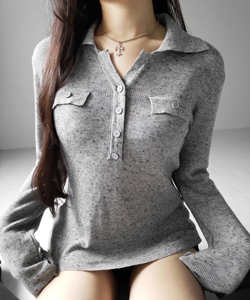 me+em select(ミームセレクト)の「【 2color 】スキッパーボタン長袖ロングニットトップス / skipper button long sleeve long sheer knit tops(ニット/セーター・レディース・グレー/ブラック・FREE)」の10枚目の写真