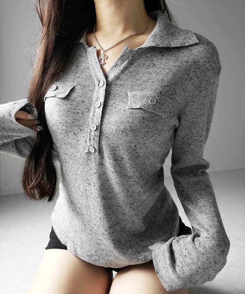 me+em select(ミームセレクト)の「【 2color 】スキッパーボタン長袖ロングニットトップス / skipper button long sleeve long sheer knit tops(ニット/セーター・レディース・グレー/ブラック・FREE)」の11枚目の写真