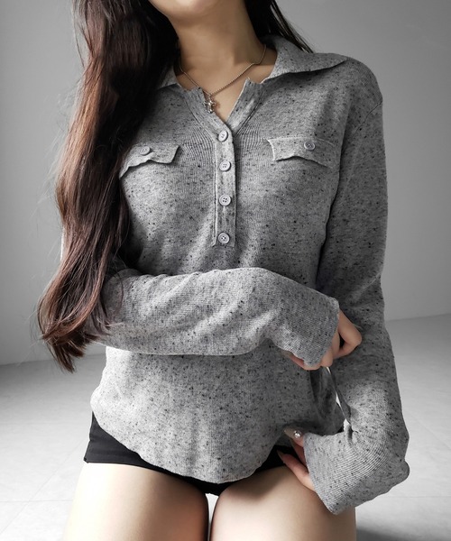 me+em select(ミームセレクト)の「【 2color 】スキッパーボタン長袖ロングニットトップス / skipper button long sleeve long sheer knit tops(ニット/セーター・レディース・グレー/ブラック・FREE)」の13枚目の写真