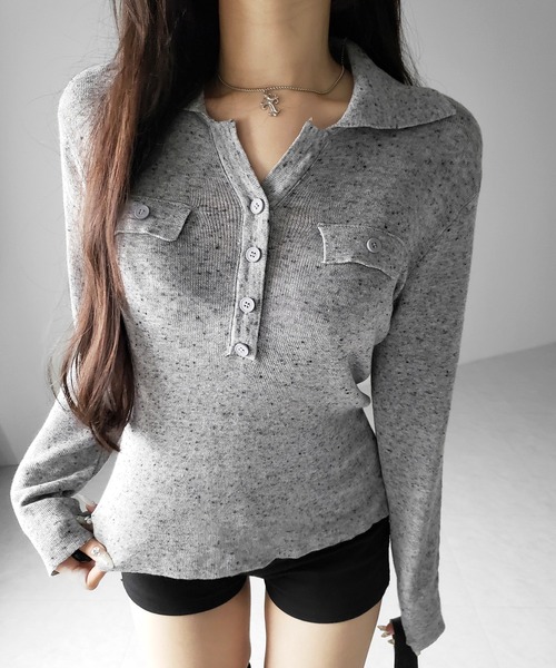me+em select(ミームセレクト)の「【 2color 】スキッパーボタン長袖ロングニットトップス / skipper button long sleeve long sheer knit tops(ニット/セーター・レディース・グレー/ブラック・FREE)」の16枚目の写真