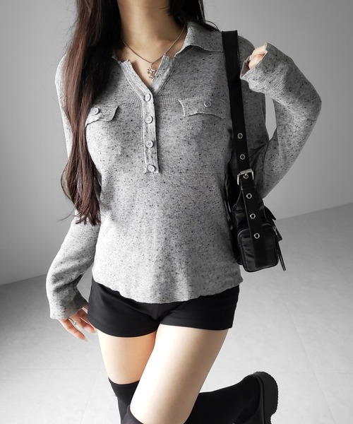 me+em select(ミームセレクト)の「【 2color 】スキッパーボタン長袖ロングニットトップス / skipper button long sleeve long sheer knit tops(ニット/セーター・レディース・グレー/ブラック・FREE)」の17枚目の写真