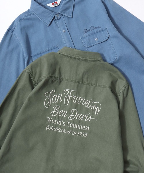 BEN DAVIS(ベンデイビス)の「BEN DAVIS/ベンデイビス FADED TWILL EMB SHIRT/オーバーサイズ ヴィンテージ加工 バックプリント刺繍 ツイルシャツ/ワークシャツ/レディース メンズ(シャツ/ブラウス・メンズ・チャコール/ブルー/カーキ・M/L/XL)」の2枚目の写真