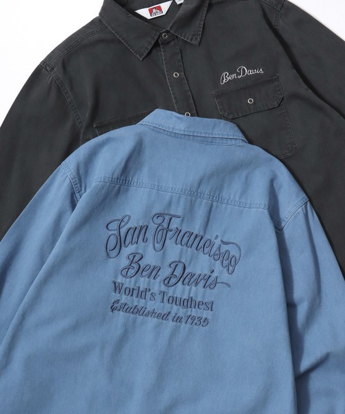 BEN DAVIS(ベンデイビス)の「BEN DAVIS/ベンデイビス FADED TWILL EMB SHIRT/オーバーサイズ ヴィンテージ加工 バックプリント刺繍 ツイルシャツ/ワークシャツ/レディース メンズ(シャツ/ブラウス・メンズ・チャコール/ブルー/カーキ・M/L/XL)」の3枚目の写真