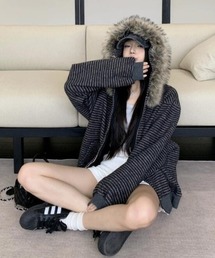 フェイクファー付き ボーダー ジップアップパーカー