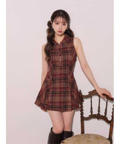 M me eme(エムミーエメ)の「Tweed check fit line mini onepiece(eme11106)(ワンピース・レディース・レッド/ホワイト・XS/FREE)」の5枚目の写真