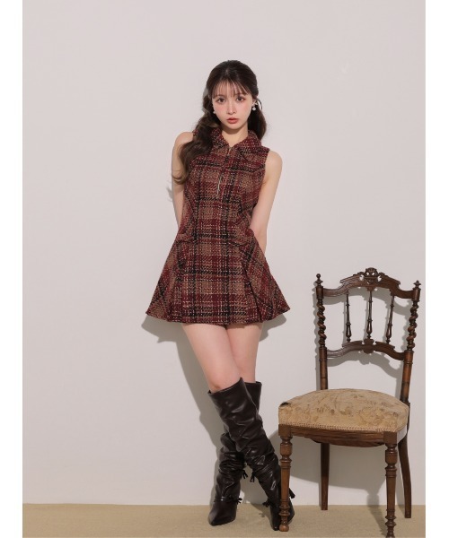 M me eme(エムミーエメ)の「Tweed check fit line mini onepiece(eme11106)(ワンピース・レディース・レッド/ホワイト・XS/FREE)」の7枚目の写真