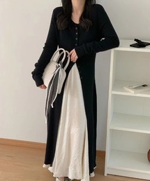 スリットで魅せるこなれレイヤード フロントスリットロングカーディガン カーディガン ロングカーディガン ニット ロング丈 ニットカーディガン 長袖 レイヤード ワンピース風 春 秋 冬