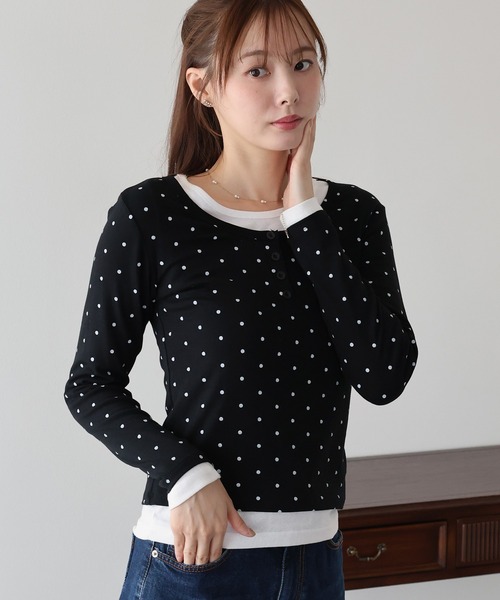 BLUEEAST（ブルーイースト）の「ヘンリーネックドットロングＴシャツ（Tシャツ/カットソー・レディース・ブラック/ホワイト/グレー・MEDIUM）」の3枚目の写真