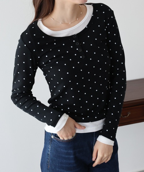 BLUEEAST（ブルーイースト）の「ヘンリーネックドットロングＴシャツ（Tシャツ/カットソー・レディース・ブラック/ホワイト/グレー・MEDIUM）」の9枚目の写真