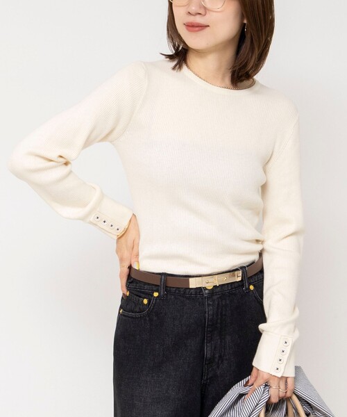 Rie Miller（リエミラー）の「《アンサンブル対応/手洗い可能》リブクループルオーバー配色ボタン（ニット/セーター・レディース・キナリ/ブラック/ピンク・38）」の2枚目の写真
