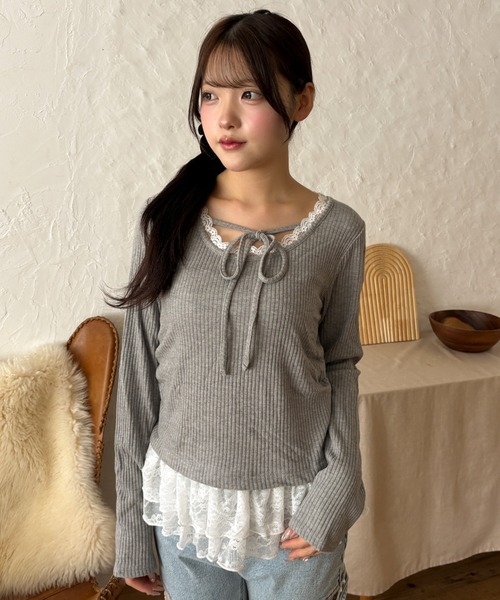 WEGO(ウィゴー)の「WEGO/【26年秋冬新作】レースペプラムリボントップス(Tシャツ/カットソー・レディース・アイボリー/グレー・FREE)」の1枚目の写真