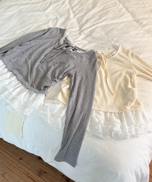 WEGO(ウィゴー)の「WEGO/【26年秋冬新作】レースペプラムリボントップス(Tシャツ/カットソー・レディース・アイボリー/グレー・FREE)」の8枚目の写真