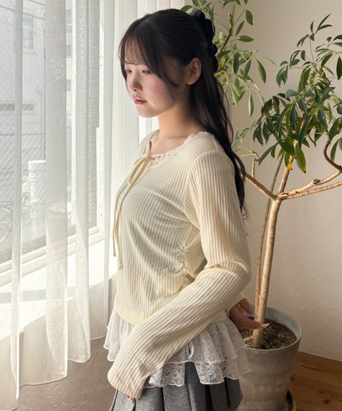 WEGO(ウィゴー)の「WEGO/【26年秋冬新作】レースペプラムリボントップス(Tシャツ/カットソー・レディース・アイボリー/グレー・FREE)」の14枚目の写真