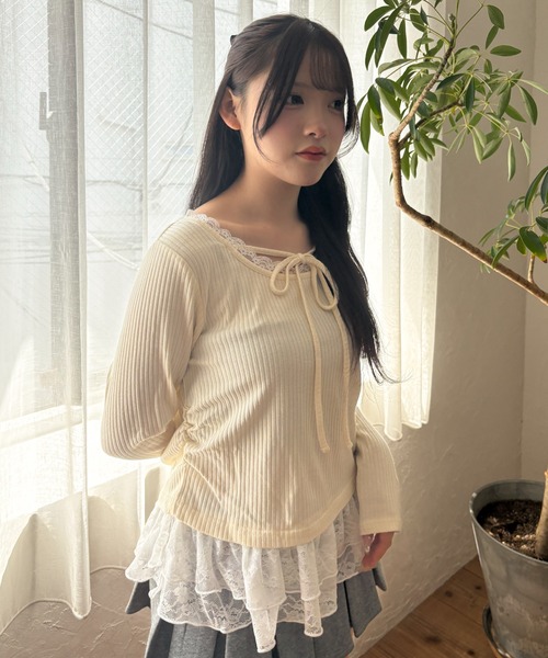 WEGO(ウィゴー)の「WEGO/【26年秋冬新作】レースペプラムリボントップス(Tシャツ/カットソー・レディース・アイボリー/グレー・FREE)」の16枚目の写真