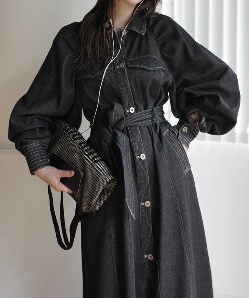 WILLFULLY（ウィルフリー）の「waist ribbon raglan volume sleeve OP（ワンピース・レディース・ブラウン/ブラック・FREE）」の4枚目の写真
