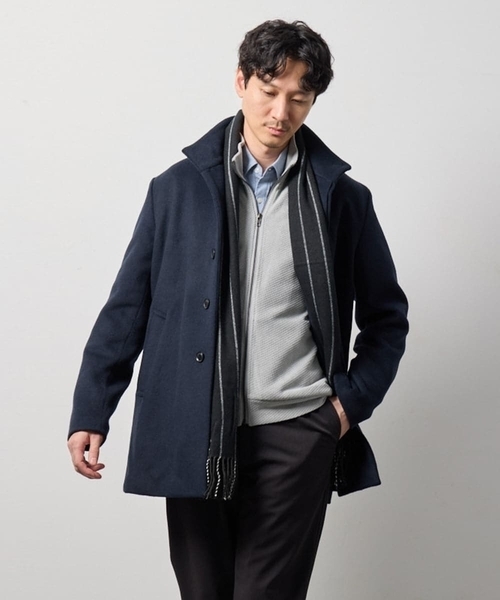 a.v.v(アーヴェヴェ)の「ウールライトビーバースタンドカラーコート(ステンカラーコート・メンズ・ブラック/ネイビー・48/46/52/50)」の1枚目の写真
