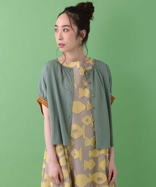 Jocomomola(ホコモモラ)の「パフスリーブ半袖カーディガン(カーディガン)」|ライトブルー