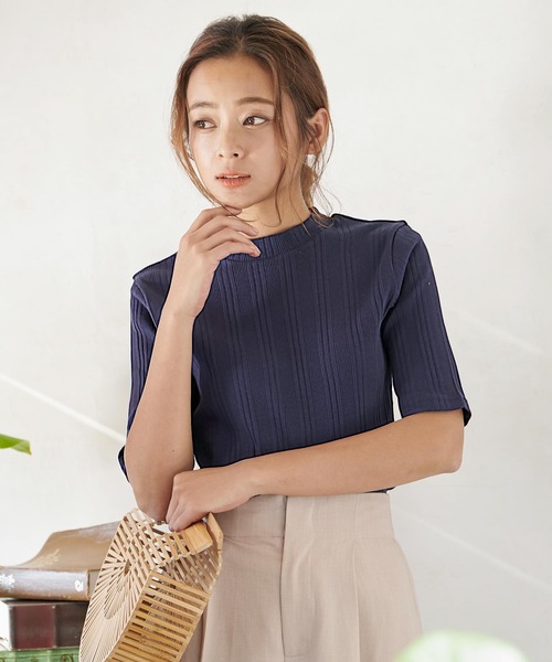KOBE LETTUCE(コウベレタス)の「ランダムリブハイネックトップス(Tシャツ/カットソー・レディース・オフホワイト/プラム/カーキ/ネイビー/グレー・FREE)」の4枚目の写真
