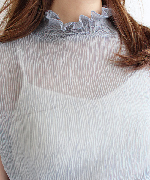MODE ROBE(モードローブ)の「シアープリーツフリルカラーノースリーブ(Tシャツ/カットソー・レディース・アイボリー/オリーブ/ブルー・FREE)」の8枚目の写真