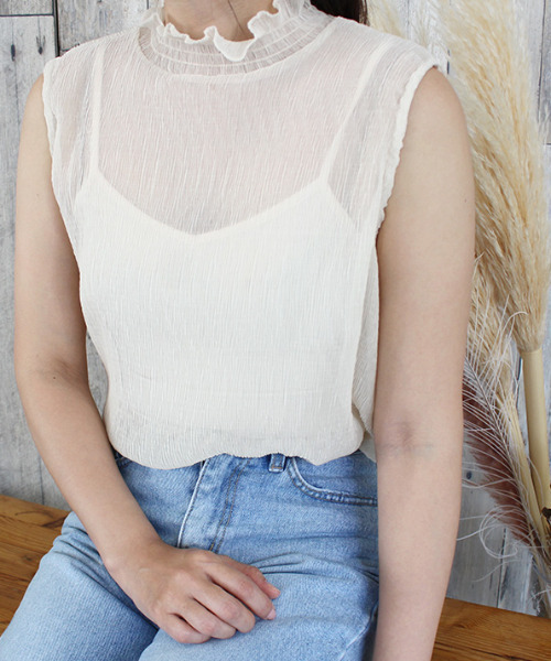 MODE ROBE(モードローブ)の「シアープリーツフリルカラーノースリーブ(Tシャツ/カットソー・レディース・アイボリー/オリーブ/ブルー・FREE)」の18枚目の写真