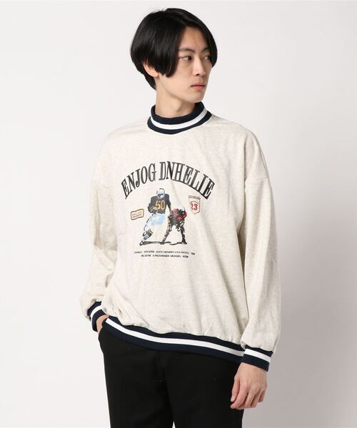 HOOK】アンティーク風プリント ボーダー柄リブ トレーナー（スウェット