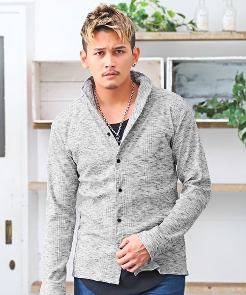 LUXSTYLE（ラグスタイル）の「イタリアンカラーランダムテレコ長袖シャツ（シャツ/ブラウス・メンズ・ブラック/ホワイト/ブラック系その他・M/XL/L）」の3枚目の写真