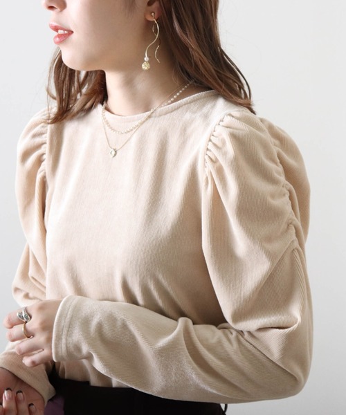 Cheek(チーク)の「リブベロアパワショルトップス(Tシャツ/カットソー・レディース・アイボリー/ブラック/ブラウン・MEDIUM)」の2枚目の写真