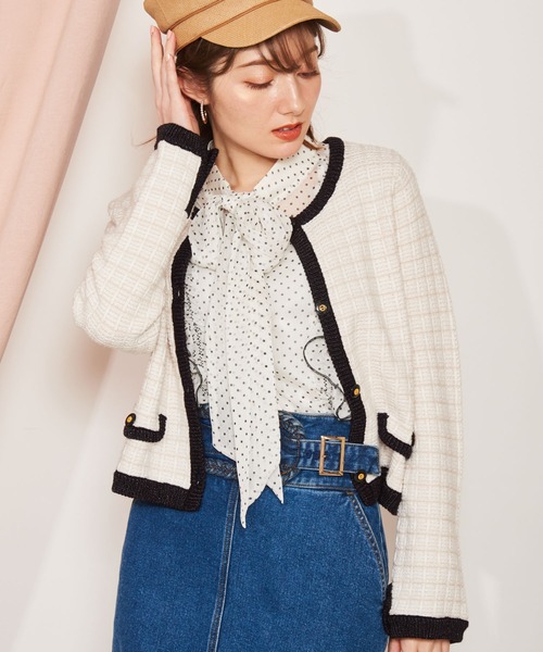 NOELA(ノエラ)の「ニットツイードジャケット(ノーカラージャケット・レディース・ブラック/オフホワイト・フリー)」の2枚目の写真