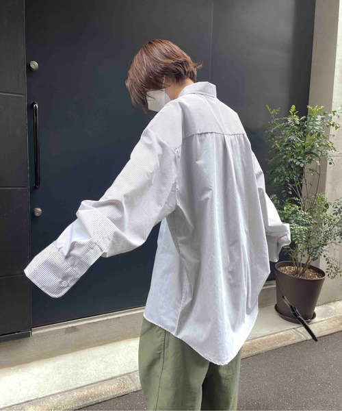 NO NEED(ノーニード)の「ベア刺繍ワンポイントオーバーサイズストライプシャツ ブロード/刺繍/ワンポイント/ビッグシルエット/オーバーシャツ/(シャツ/ブラウス・メンズ・ブラック/レッド/ブルー/グリーン・フリ-)」の10枚目の写真