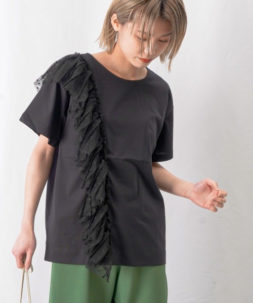 tシャツ LC/LLL ドットチュールアシメフリルカットソー レディース セール】LC/LLL ドットチュールアシメフリルカットソー（Tシャツ