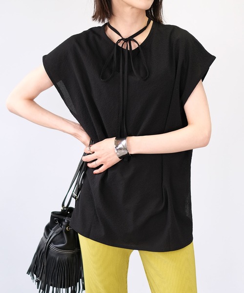 ＡＮＤＪ（アンドジェイ）の「2WAYシアーサッカーギンガムトップス（Tシャツ/カットソー・レディース・グリーン系その他/オフホワイト/イエロー/ブラック・M）」の2枚目の写真