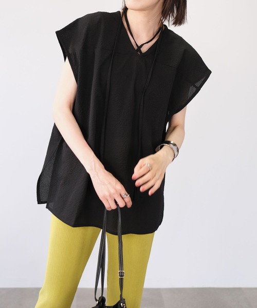 ＡＮＤＪ（アンドジェイ）の「2WAYシアーサッカーギンガムトップス（Tシャツ/カットソー・レディース・グリーン系その他/オフホワイト/イエロー/ブラック・M）」の13枚目の写真