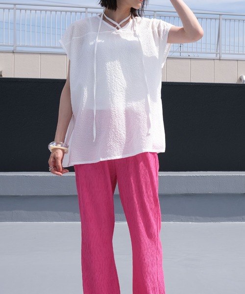 ＡＮＤＪ（アンドジェイ）の「2WAYシアーサッカーギンガムトップス（Tシャツ/カットソー・レディース・グリーン系その他/オフホワイト/イエロー/ブラック・M）」の6枚目の写真