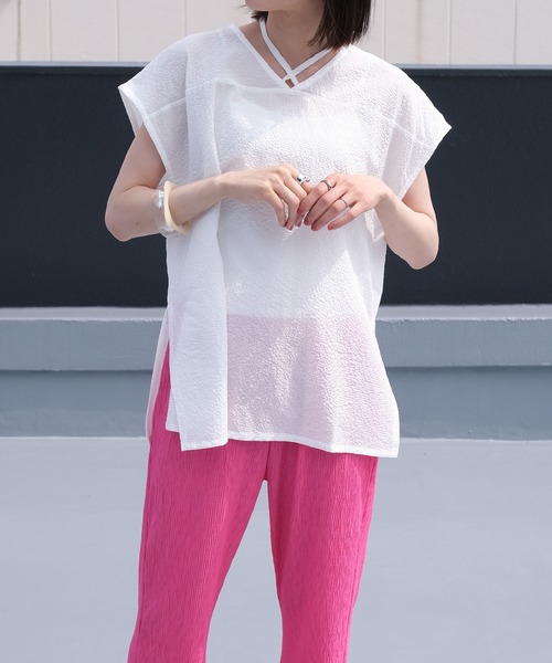 ＡＮＤＪ（アンドジェイ）の「2WAYシアーサッカーギンガムトップス（Tシャツ/カットソー・レディース・グリーン系その他/オフホワイト/イエロー/ブラック・M）」の10枚目の写真