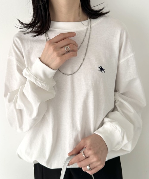 POLOCHAMPS(ポロチャンプス)の「POLOCHAMPS/ポロチャンプス 別注 ワンポイント刺繍 オーバーサイズ ロンT(Tシャツ/カットソー・レディース・ブラック/ダークグリーン/ホワイト/ネイビー/ベージュ/ライトグレー・M/L)」の13枚目の写真