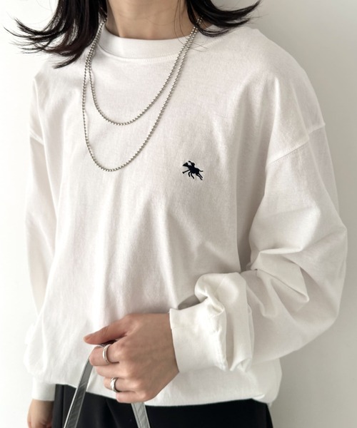 POLOCHAMPS(ポロチャンプス)の「POLOCHAMPS/ポロチャンプス 別注 ワンポイント刺繍 オーバーサイズ ロンT(Tシャツ/カットソー・レディース・ブラック/ダークグリーン/ホワイト/ネイビー/ベージュ/ライトグレー・M/L)」の12枚目の写真