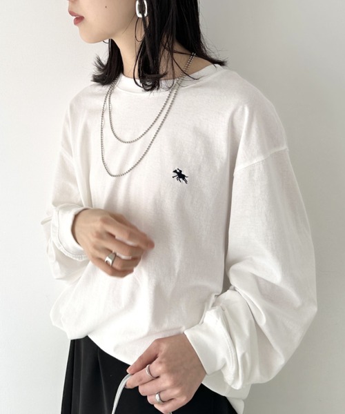 POLOCHAMPS(ポロチャンプス)の「POLOCHAMPS/ポロチャンプス 別注 ワンポイント刺繍 オーバーサイズ ロンT(Tシャツ/カットソー・レディース・ブラック/ダークグリーン/ホワイト/ネイビー/ベージュ/ライトグレー・M/L)」の16枚目の写真