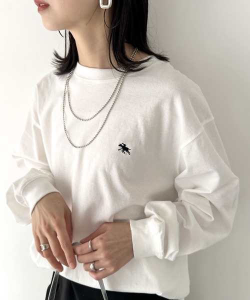 POLOCHAMPS(ポロチャンプス)の「POLOCHAMPS/ポロチャンプス 別注 ワンポイント刺繍 オーバーサイズ ロンT(Tシャツ/カットソー・レディース・ブラック/ダークグリーン/ホワイト/ネイビー/ベージュ/ライトグレー・M/L)」の14枚目の写真