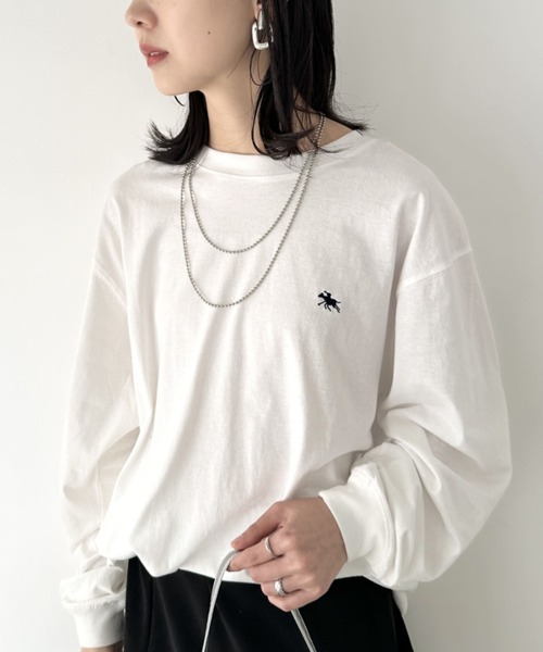 POLOCHAMPS(ポロチャンプス)の「POLOCHAMPS/ポロチャンプス 別注 ワンポイント刺繍 オーバーサイズ ロンT(Tシャツ/カットソー・レディース・ブラック/ダークグリーン/ホワイト/ネイビー/ベージュ/ライトグレー・M/L)」の15枚目の写真