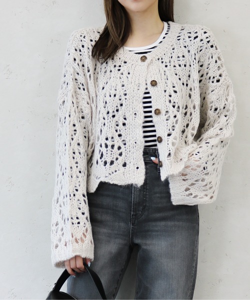 Per sist ence（パーシエンス）の「Per sist ence/パーシエンス　起毛透かし編み２WAYカーデ（カーディガン/ボレロ・レディース・グリーン/ブラック/キャメル/オレンジ/アイボリー・FREE）」の2枚目の写真
