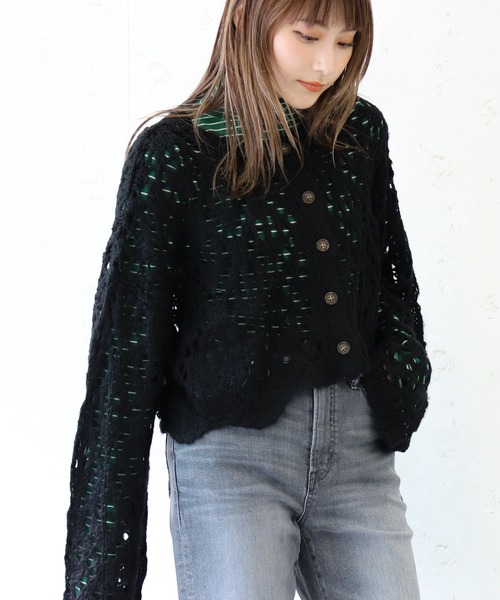 Per sist ence（パーシエンス）の「Per sist ence/パーシエンス　起毛透かし編み２WAYカーデ（カーディガン/ボレロ・レディース・グリーン/ブラック/キャメル/オレンジ/アイボリー・FREE）」の3枚目の写真