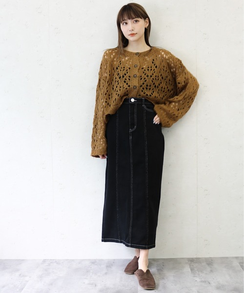 Per sist ence（パーシエンス）の「Per sist ence/パーシエンス　起毛透かし編み２WAYカーデ（カーディガン/ボレロ・レディース・グリーン/ブラック/キャメル/オレンジ/アイボリー・FREE）」の18枚目の写真