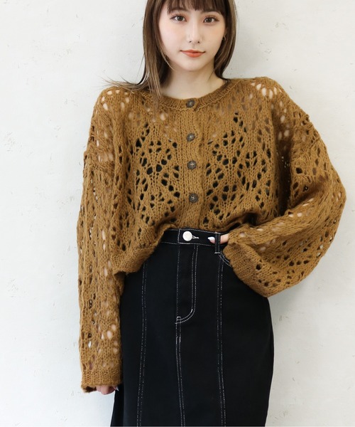Per sist ence（パーシエンス）の「Per sist ence/パーシエンス　起毛透かし編み２WAYカーデ（カーディガン/ボレロ・レディース・グリーン/ブラック/キャメル/オレンジ/アイボリー・FREE）」の17枚目の写真