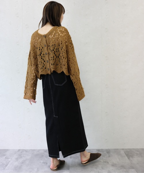 Per sist ence（パーシエンス）の「Per sist ence/パーシエンス　起毛透かし編み２WAYカーデ（カーディガン/ボレロ・レディース・グリーン/ブラック/キャメル/オレンジ/アイボリー・FREE）」の14枚目の写真